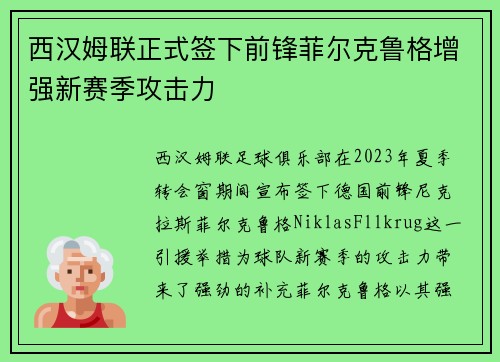 西汉姆联正式签下前锋菲尔克鲁格增强新赛季攻击力